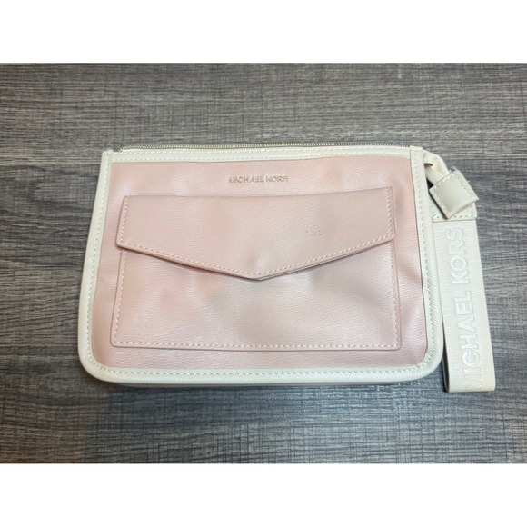 Michael Kors Handbags - Michael Kors Pink Cream Wristlet Clutch Bag Logo Strap Front Pocket Pouch